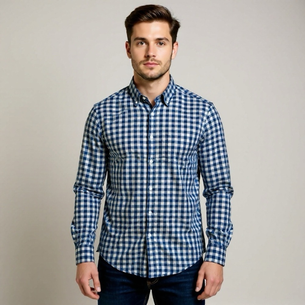 J Crew Slim Blue Grey Plaid Casual Button Down Shirt Mens Small Cotton Stretch